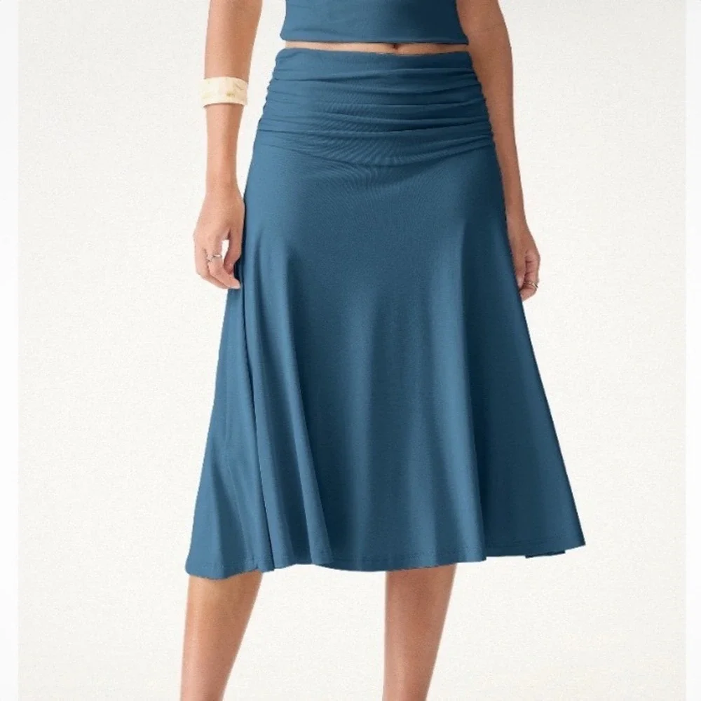 OGL Women XS Move Blue Ruched Waist Midi Skirt Elastic Waist Lined